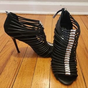 L.A.M.B. "Walcot" Black Cage Stiletto Heels with Silver Bar Detail
